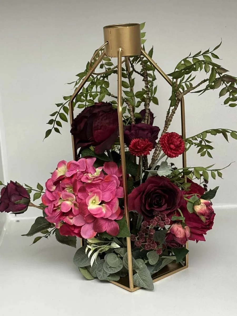Lantern with Burgundy Flowers - Image 1