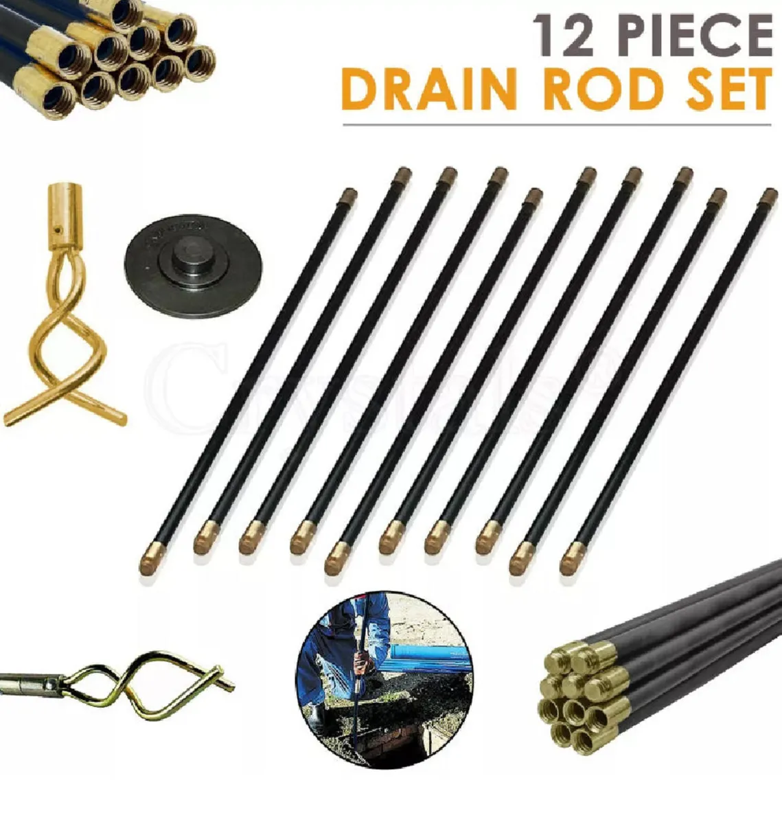 12 Piece Drain Rods Plumbing Set 9mm NEW - Image 1