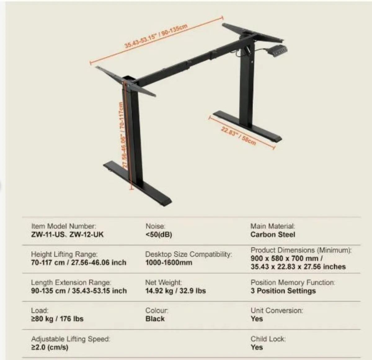 Electric Standing Desk Frame Adjustable 70-117 cm - Image 2