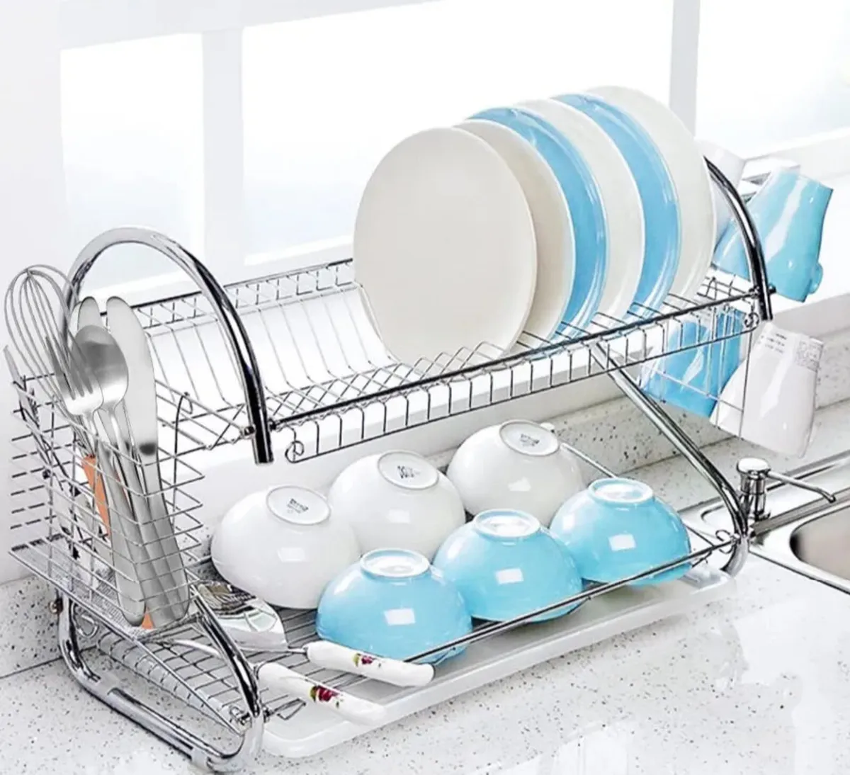 2 Tier Dish Drainer Rack Holder With Drip Tray NEW - Image 1
