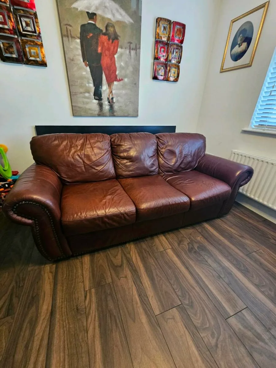 Leather 3 seater and Sofa Chair / Dard Red - Image 2