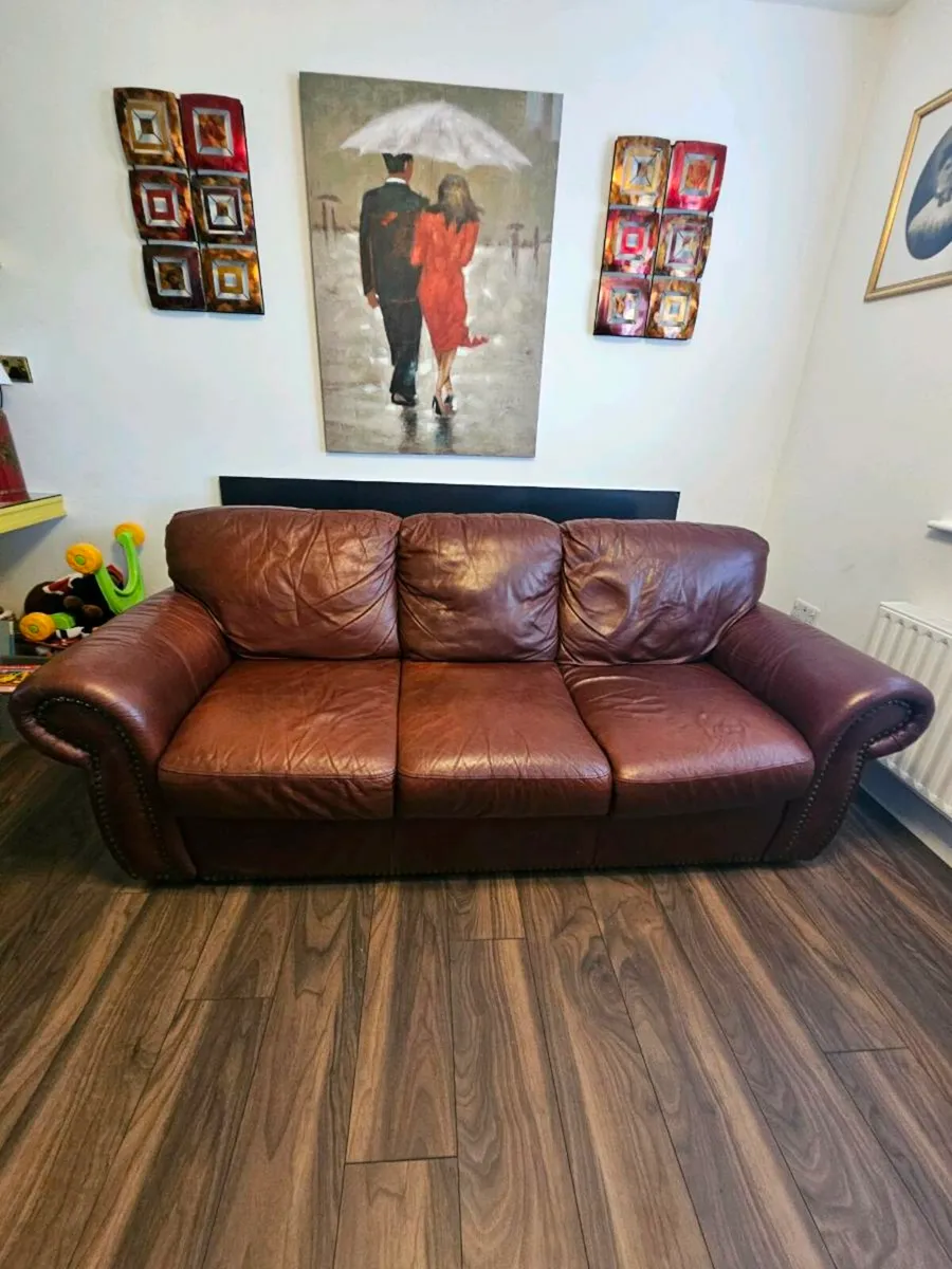 Leather 3 seater and Sofa Chair / Dard Red - Image 3