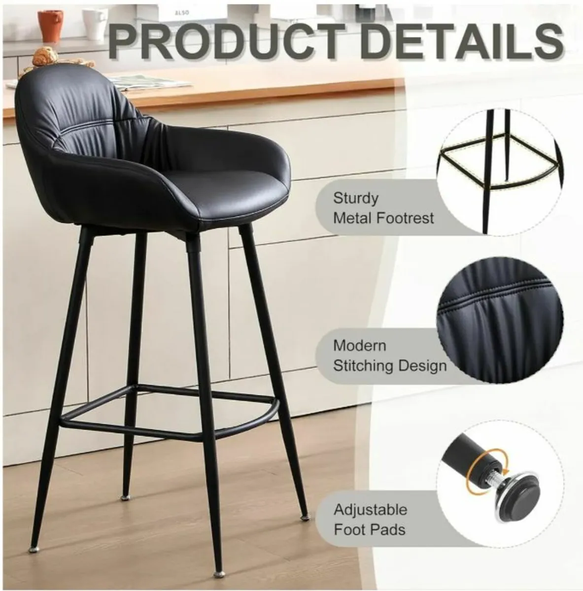 NEW - Set of 4 barstools - Black PU Leather - Image 4