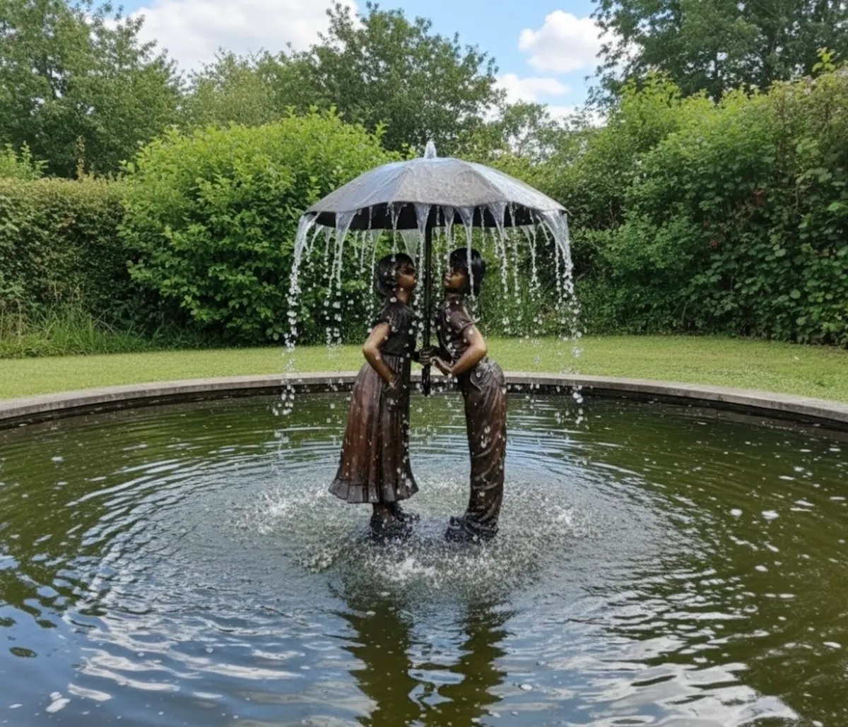 Bronze umbrella boy and girl fountain - Image 1