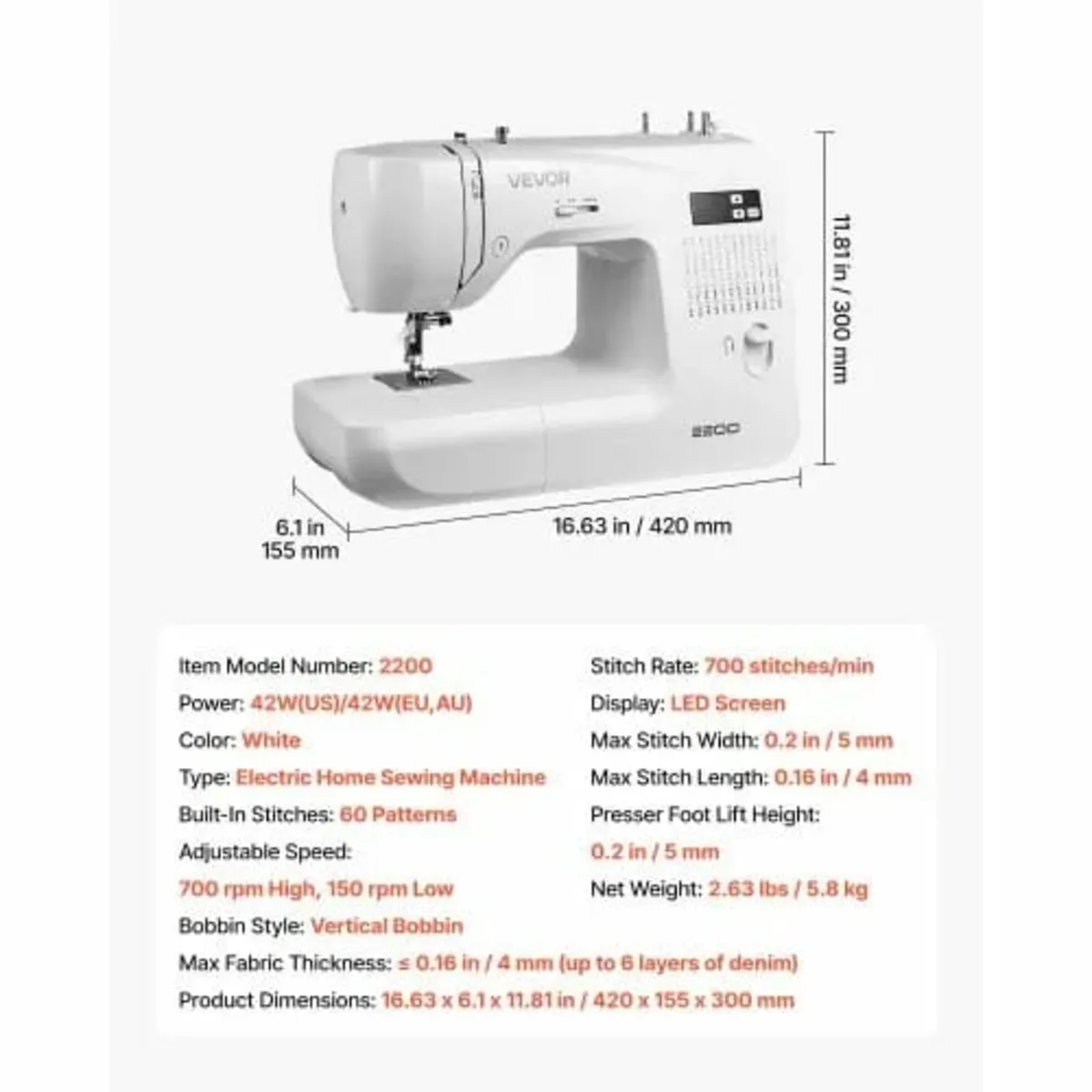 Sewing Machine, 60 Stitch Applications, with LED S - Image 3