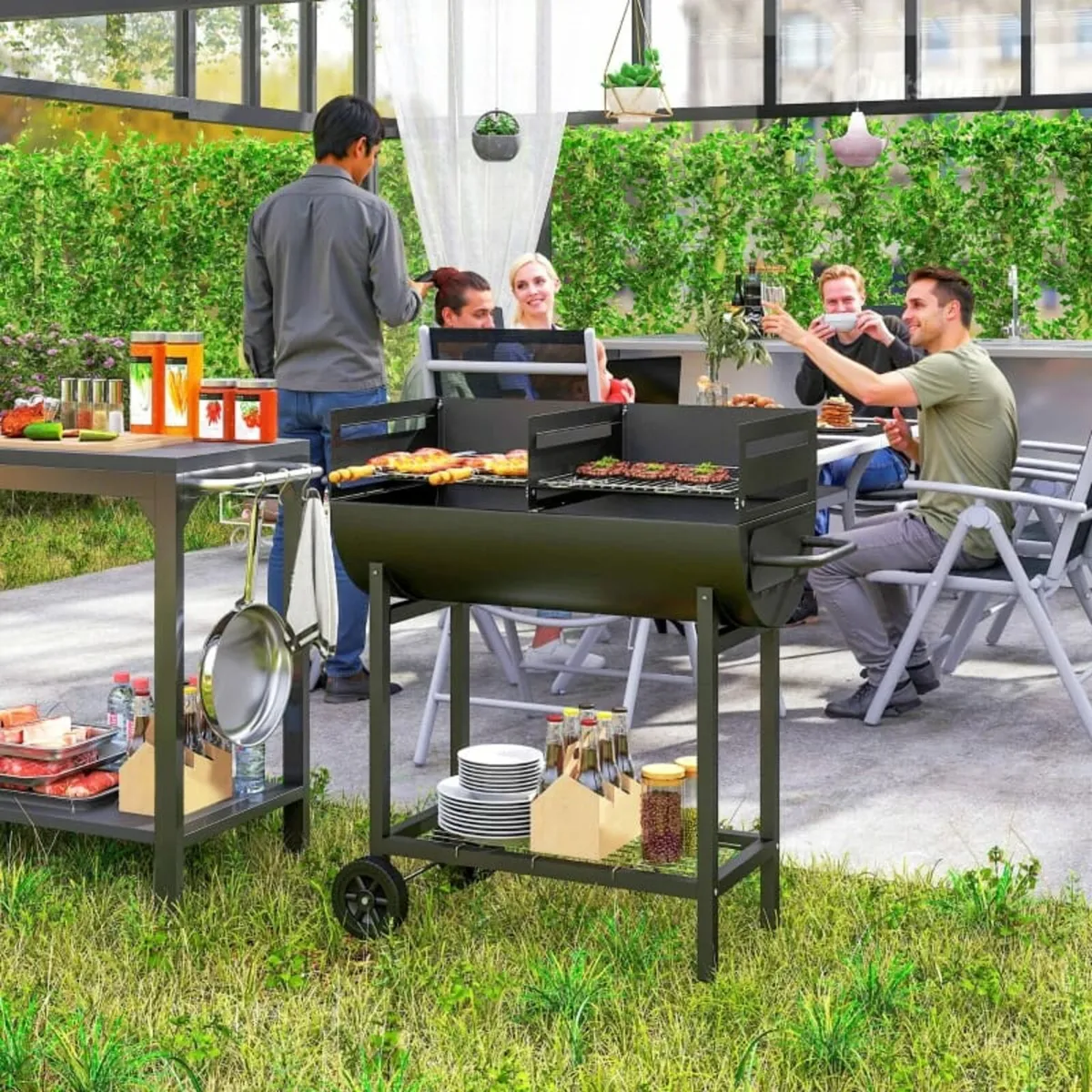 Steel 2-Grill Charcoal BBQ w/ Wheels Black - Image 4