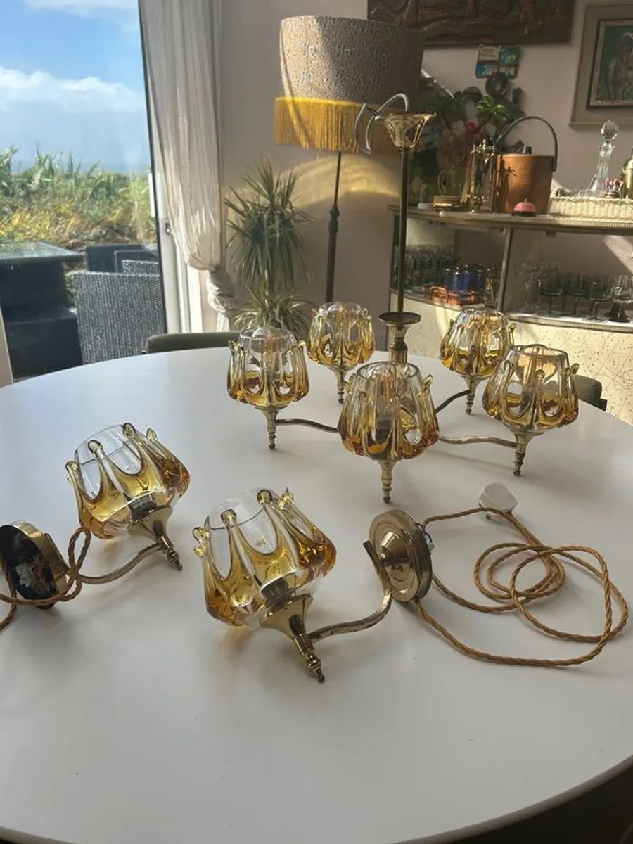 Vintage/ Retro ( 70s ) 5 Arm Murano Glass Chandelier with 2 matching Sconces - Image 1