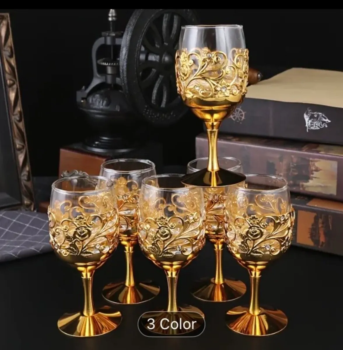 Golden metal surround wine glasses free postage - Image 1