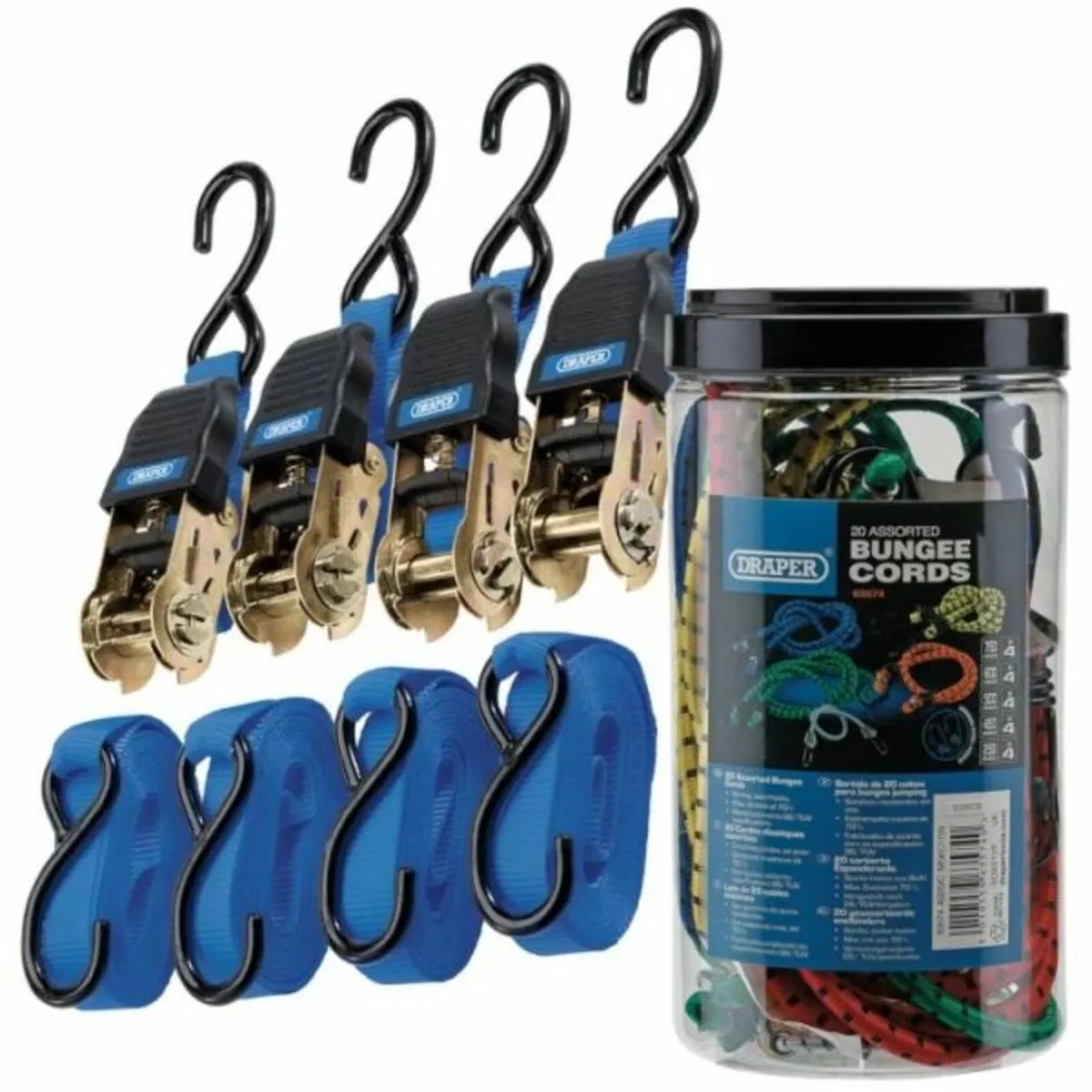 Draper 4.5m Tie Down Straps + Assorted Elastic Bun