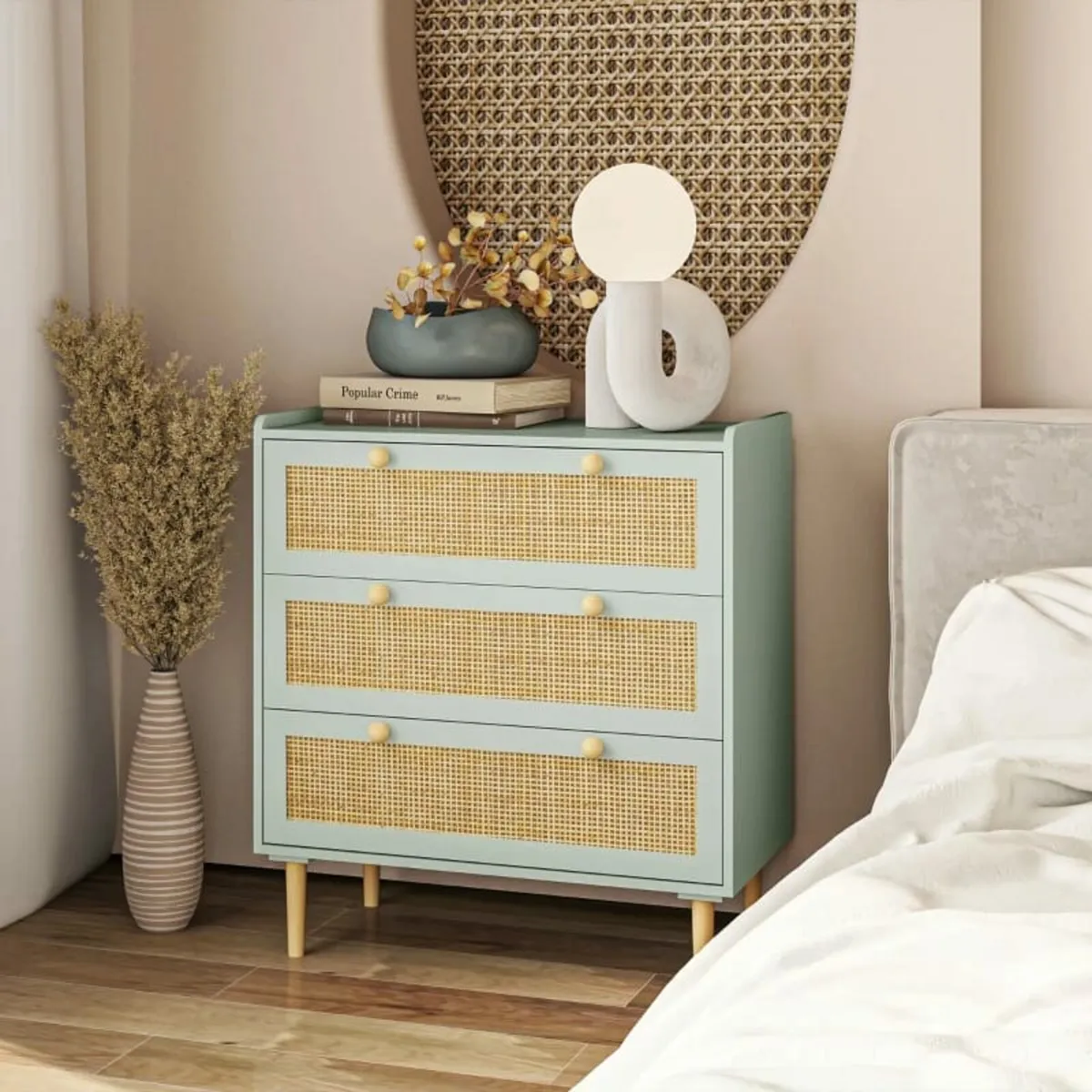 Bedroom dresser with 3 drawers, rattan fronts, clo - Image 3