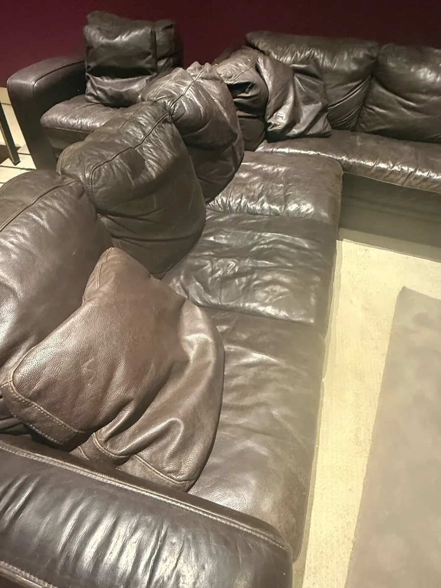 Brown leather L-shaped sofa and matching armchair - Image 1