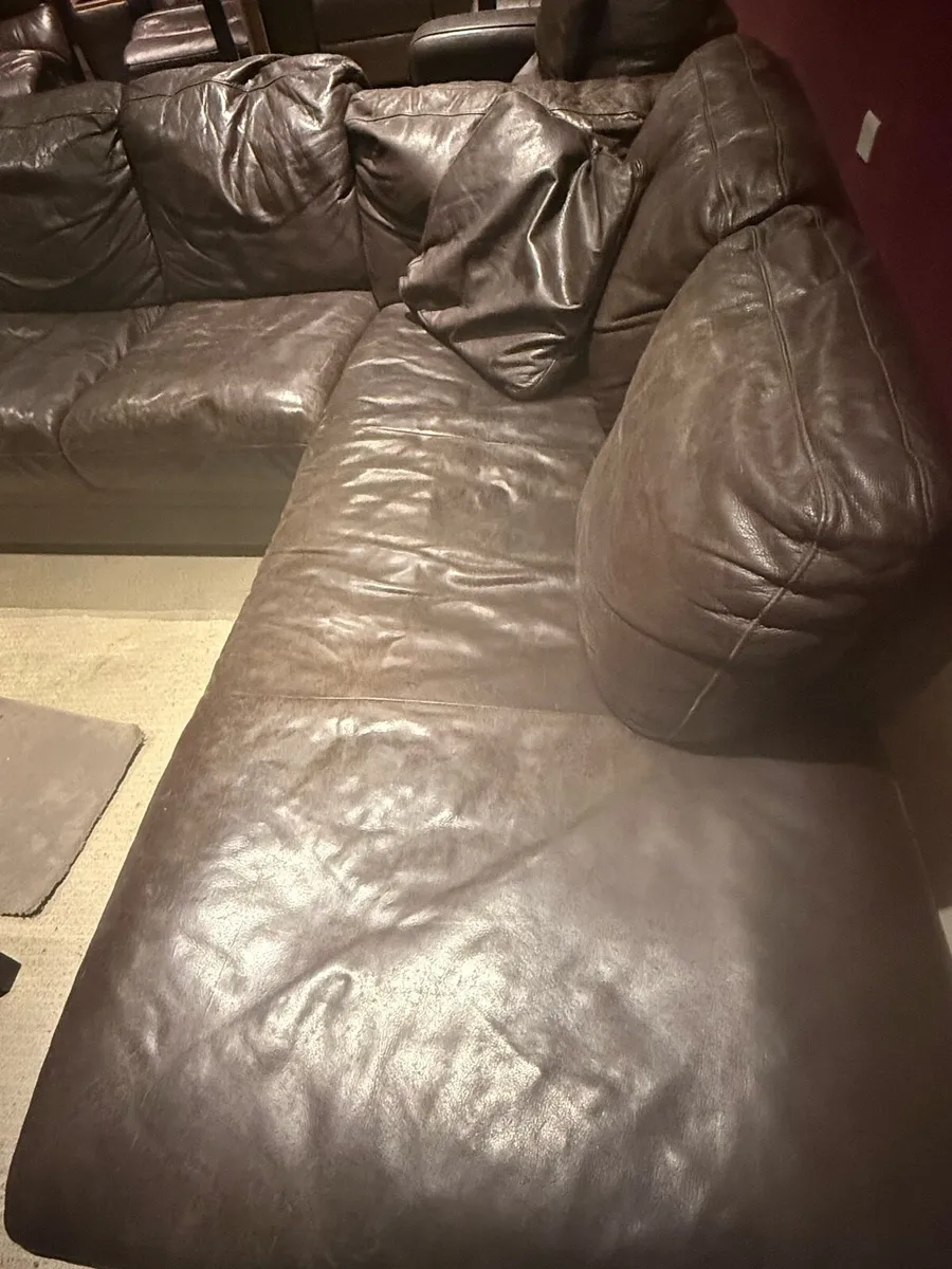 Brown leather L-shaped sofa and matching armchair - Image 2