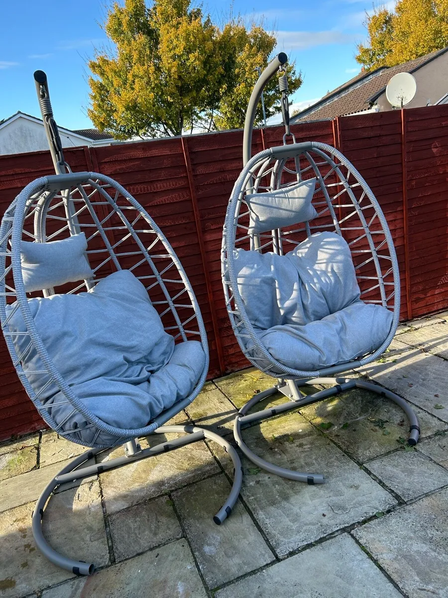 2 x Pod Rattan Hanging Egg Chairs Grey - Image 1
