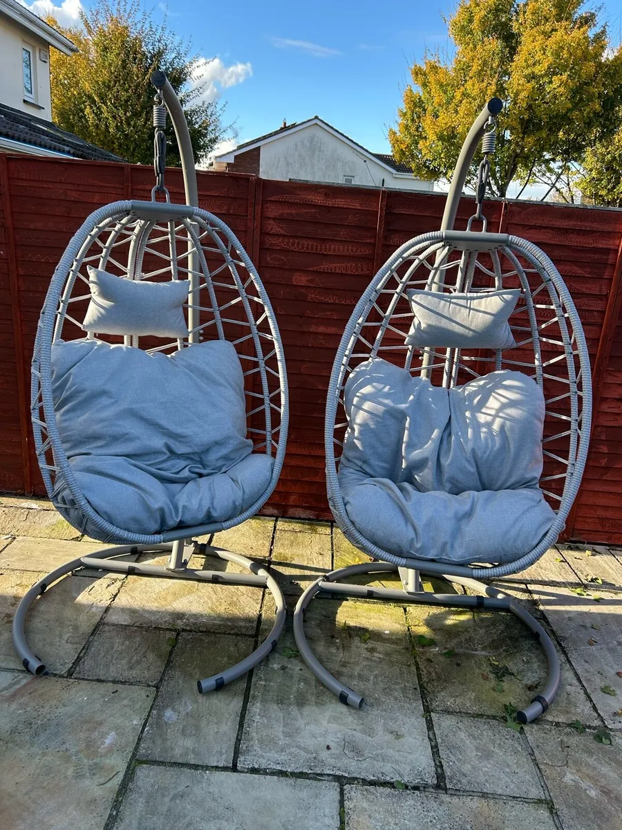 2 x Pod Rattan Hanging Egg Chairs Grey - Image 2