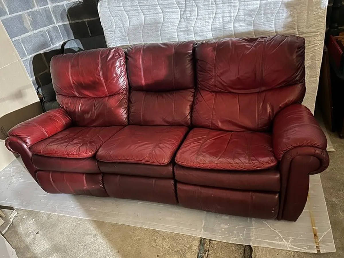 Red Leather Three Seater Sofa with Recliners - Image 1