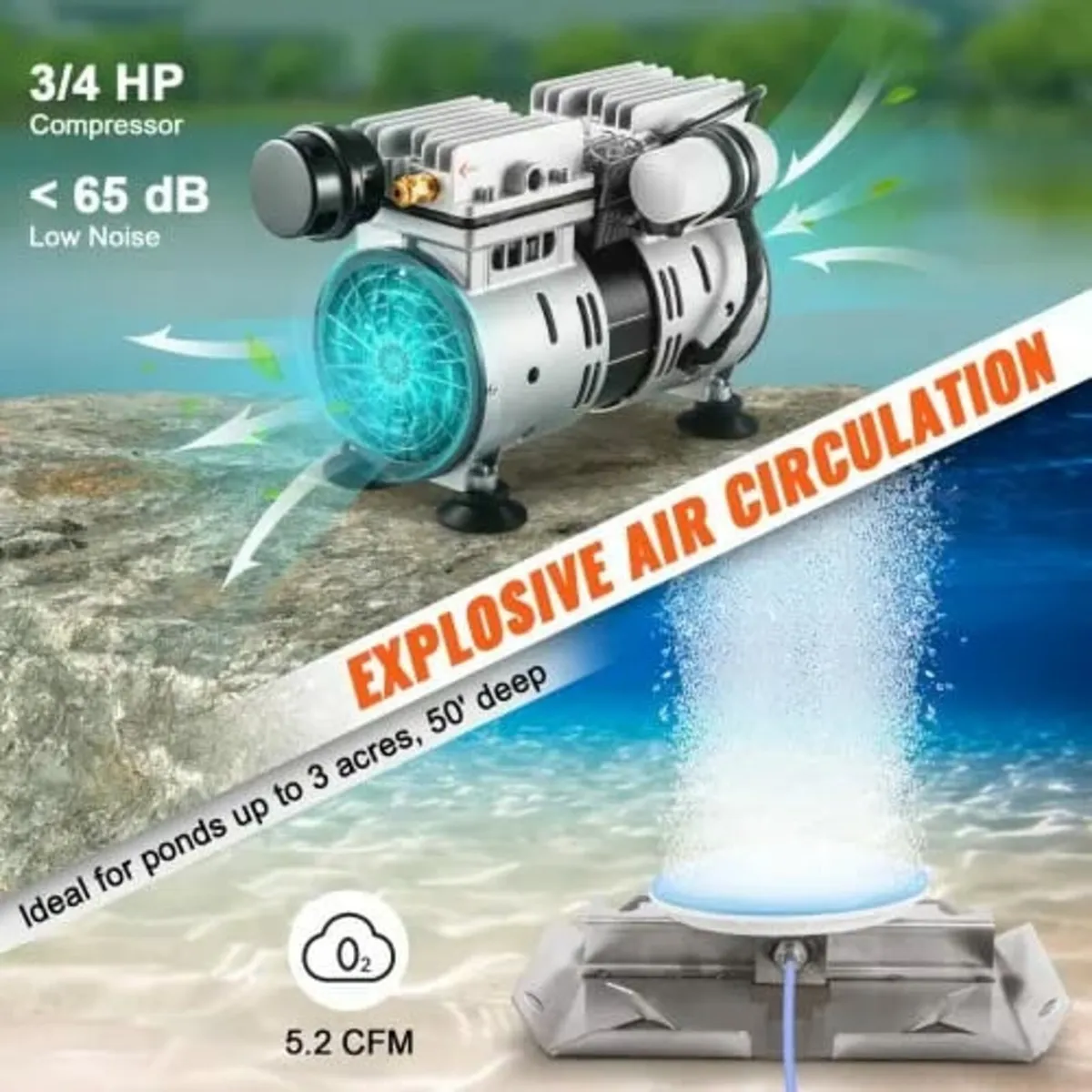 Pond Aerator Lake Pond Aeration Kit 3/4 HP w/ 2x 3 - Image 3