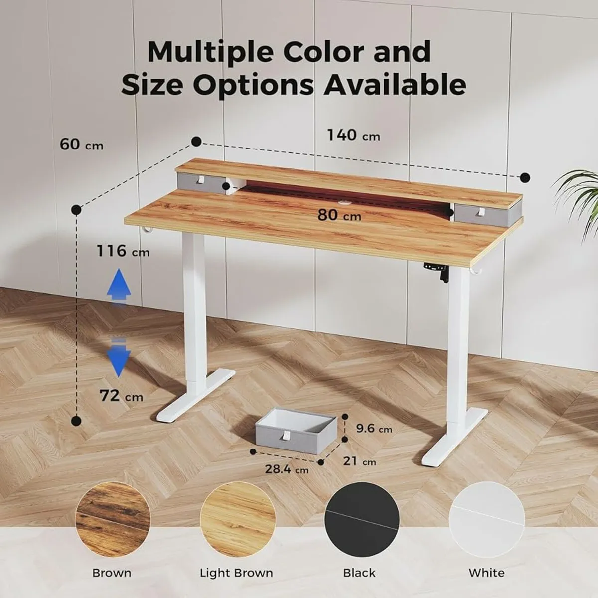 Adjustable Height Desk with 2 Drawers, 140 x 60 cm - Image 3