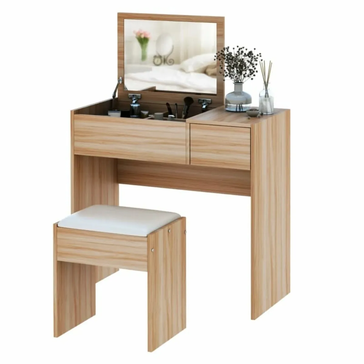 Makeup Desk with Drawer, Vanity Table Set with Fli - Image 1