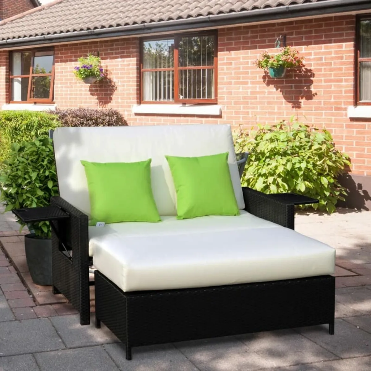 Rattan 2-Seater Sofa Sun Lounger Bed-Black - Image 3