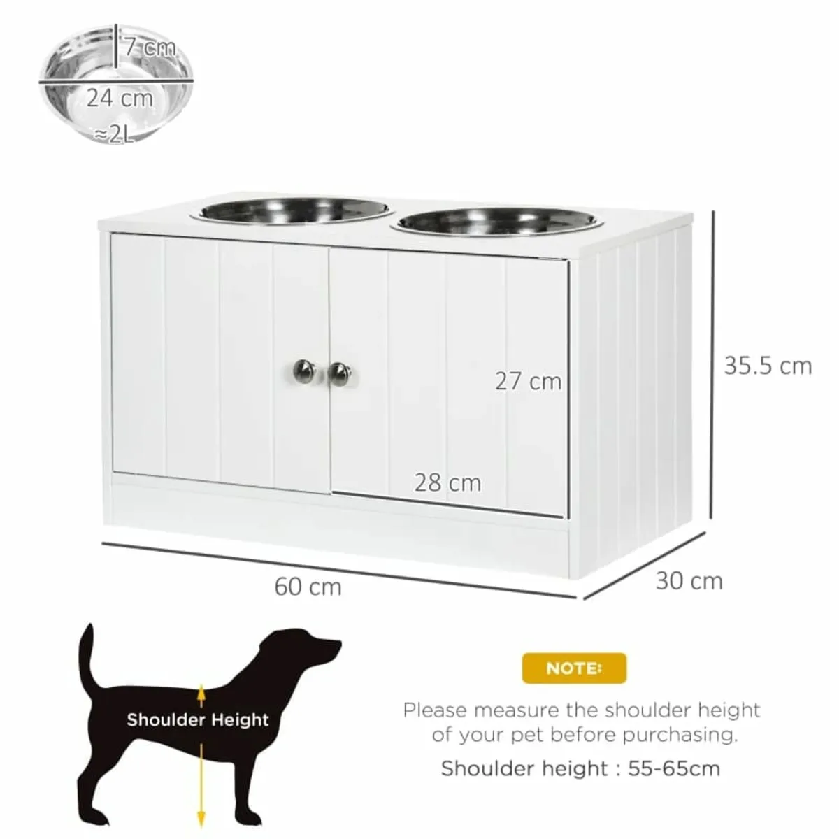 Raised Pet Feeder, with Two Bowls, Storage - White - Image 3