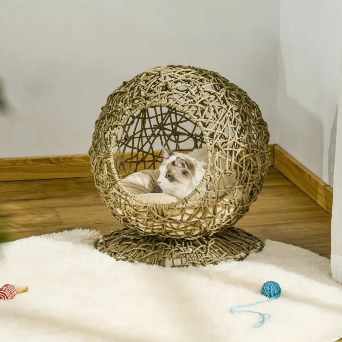 Wicker Cat Bed Elevated Rattan Kitten Basket Pet D - Image 3