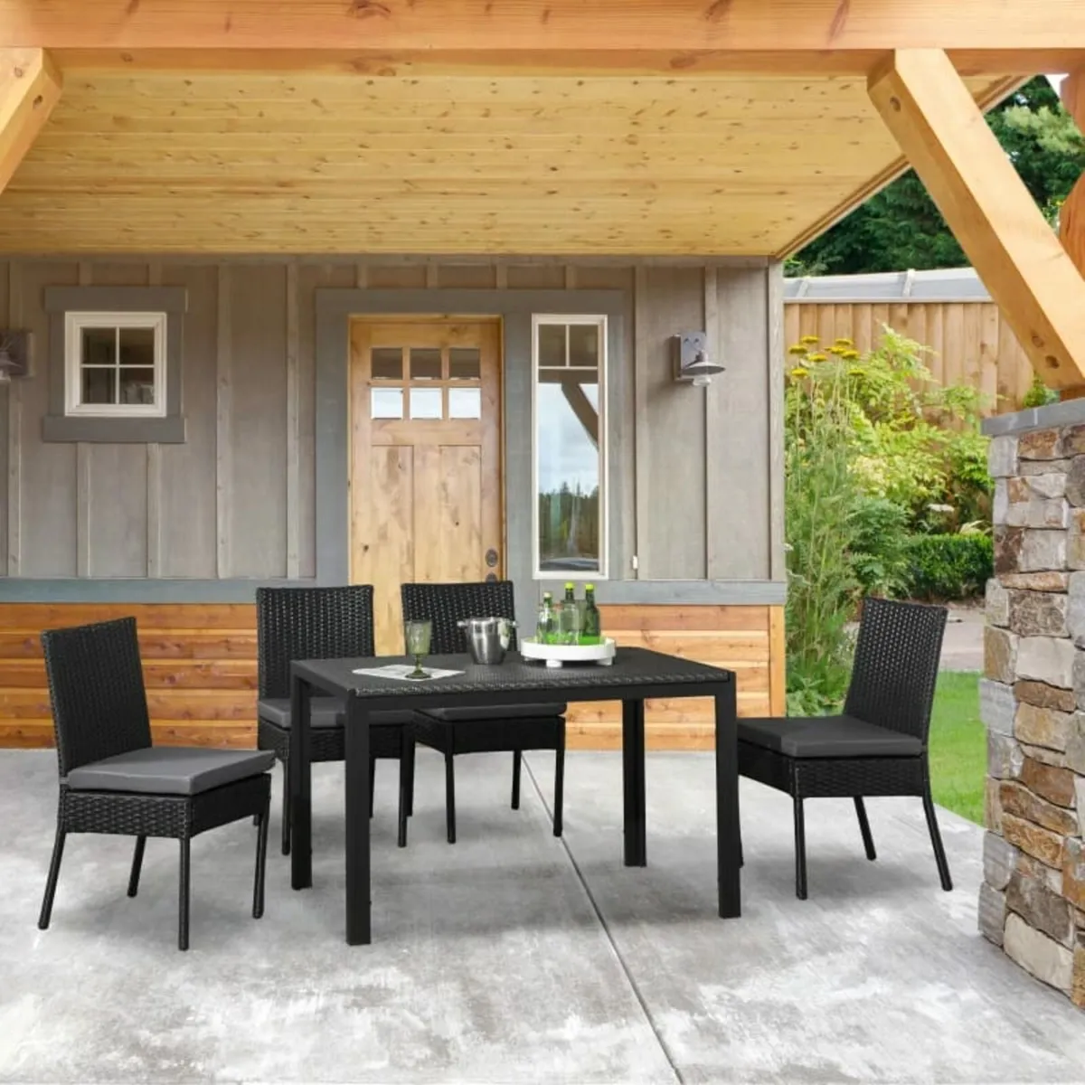 Set of Four Armless Rattan Garden Chairs - Black - Image 3
