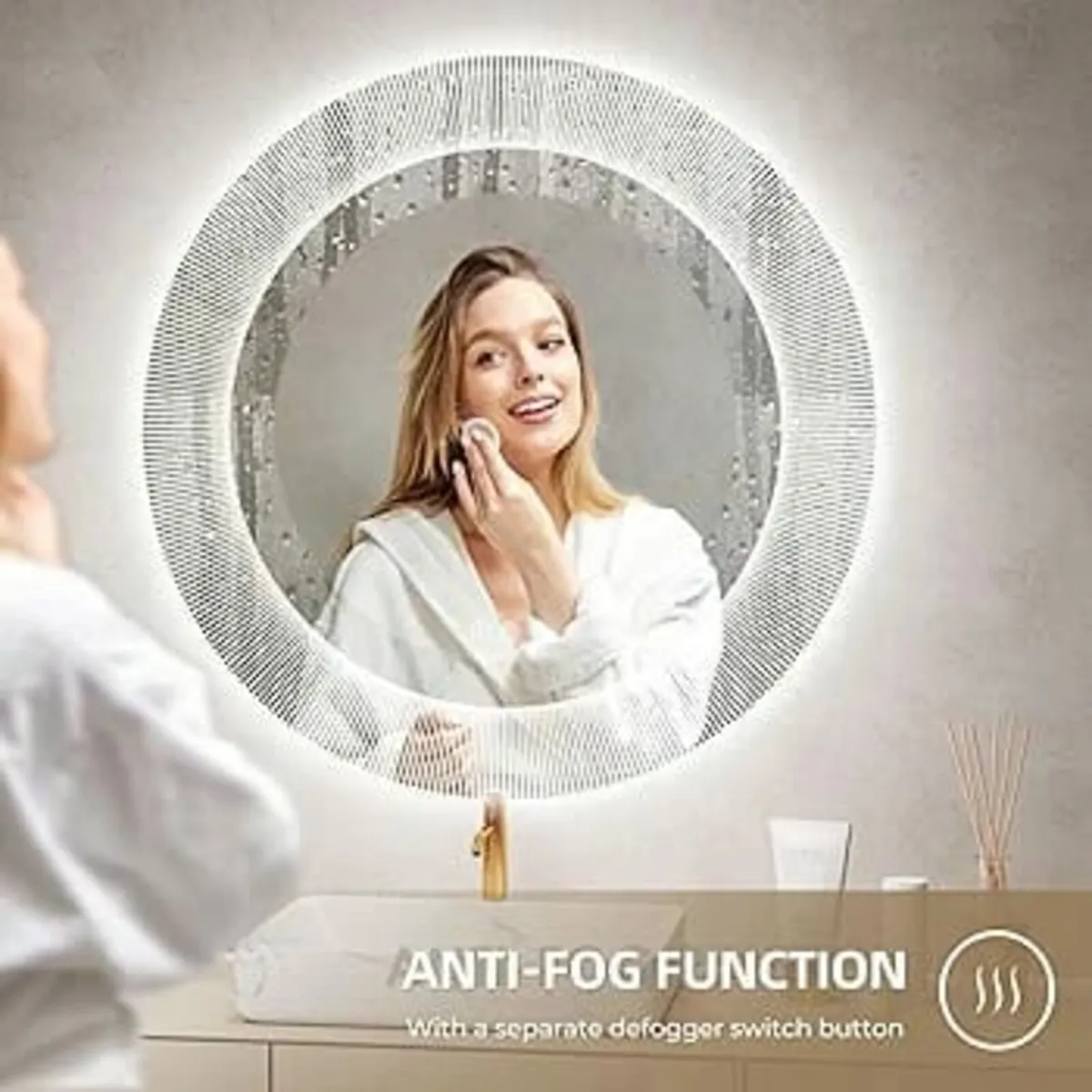 800mm Round LED Bathroom Mirror, Patterned Circle - Image 2