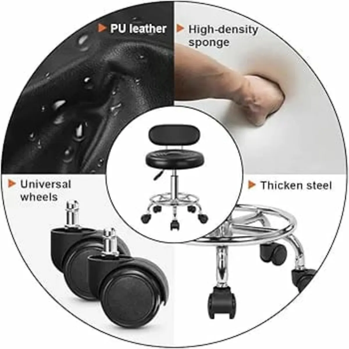 PU Leather Modern Rolling Stool with Low Back Heig - Image 3