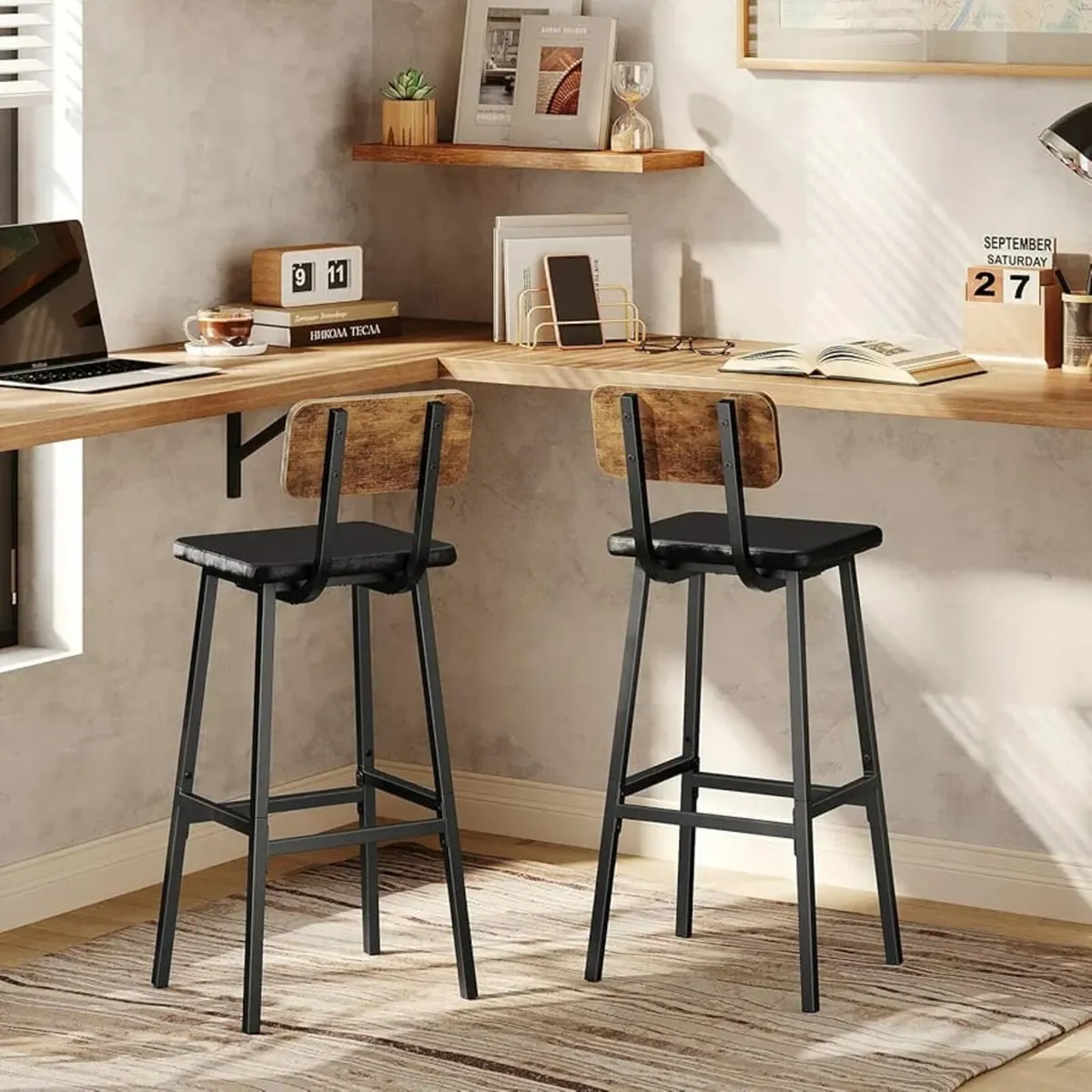 Bar Stools Set of 2, PU Upholstered Breakfast Bar - Image 3