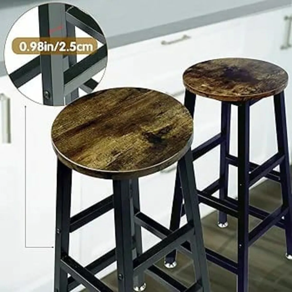 Round Bar Stool Square Leg Vintage Rustic Brown Ea - Image 4
