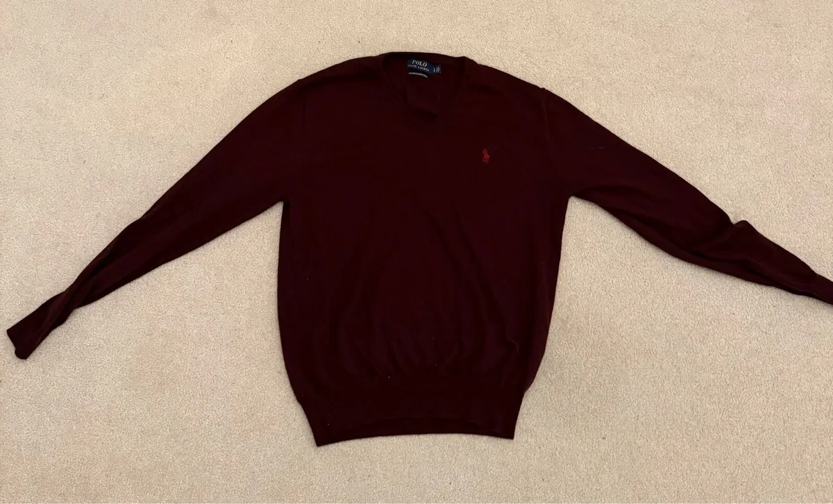Burgundy Men’s V Neck Ralph Lauren Jumper - Merino - Image 1
