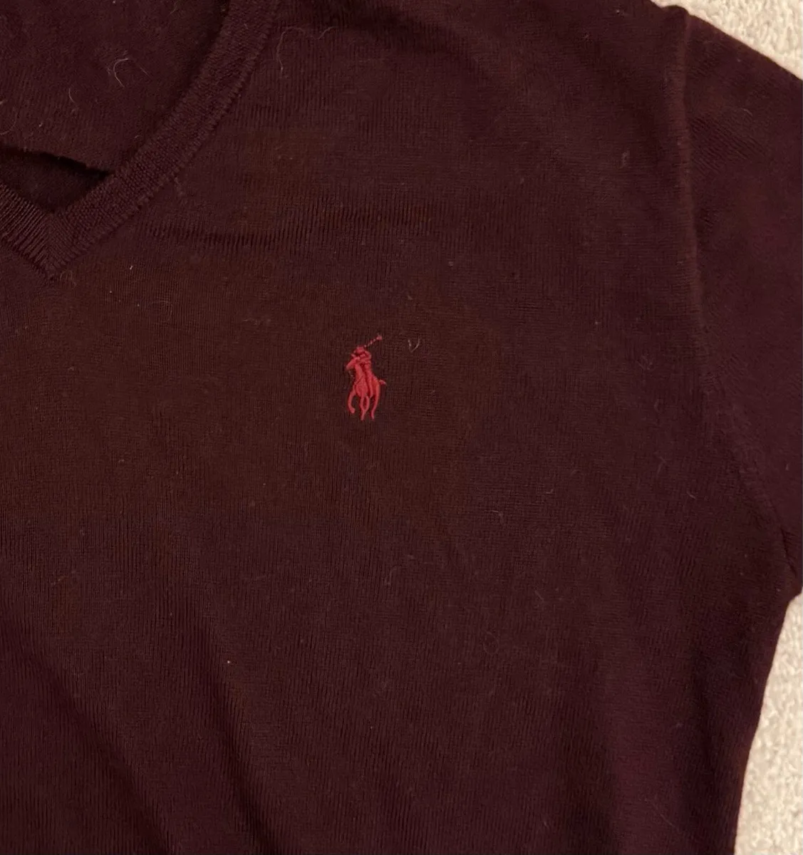 Burgundy Men’s V Neck Ralph Lauren Jumper - Merino - Image 2