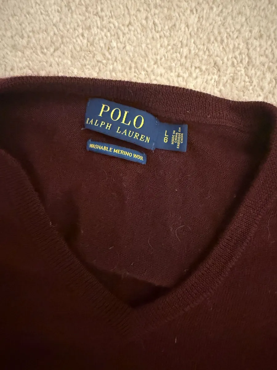 Burgundy Men’s V Neck Ralph Lauren Jumper - Merino - Image 3