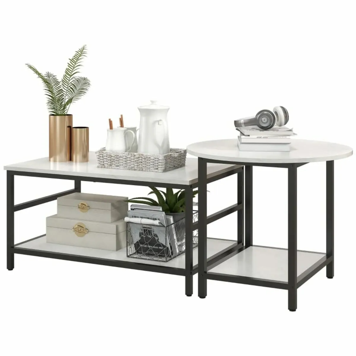 Coffee table set, 2 side tables, marble-look, adju - Image 1