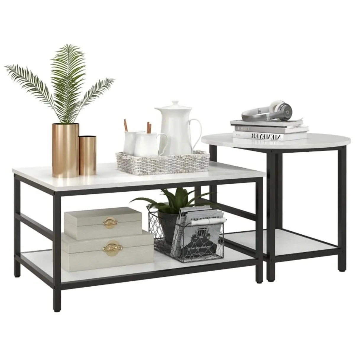 Coffee table set, 2 side tables, marble-look, adju - Image 3