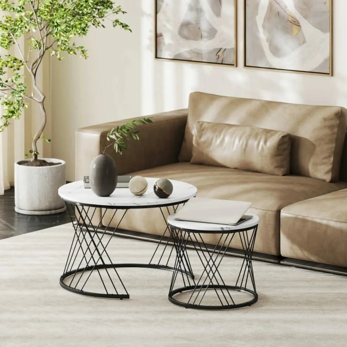 2-Piece Coffee Tables, Marble Look, Particleboard, - Image 3