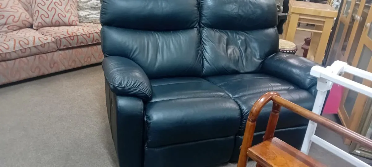 Black Real Leather Two Seat Recliner Sofa - Image 2