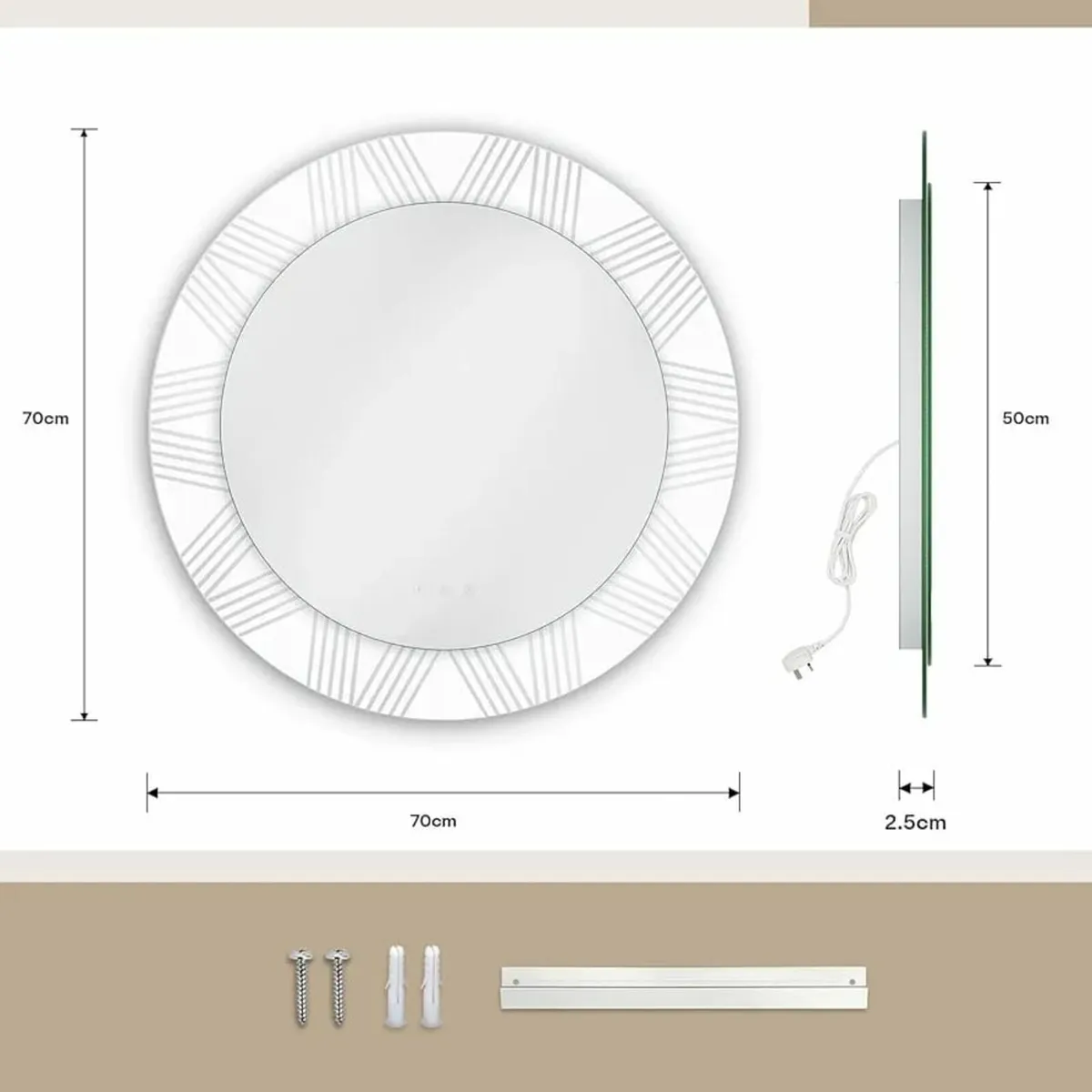 700mm Round LED Bathroom Mirror, Patterned Circle - Image 4