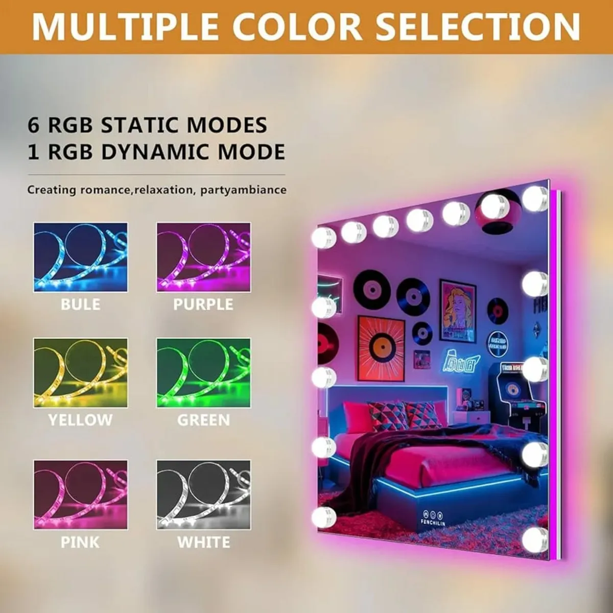 Hollywood Mirror with RGB Backlit 15 LED Vanity Mi - Image 4
