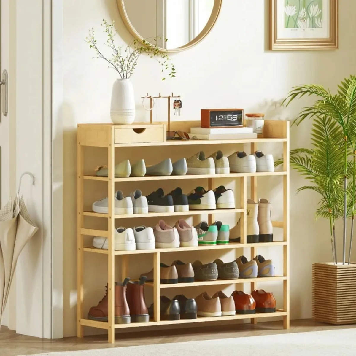 shoe rack, 6-tier bamboo shoe stand with drawer, f - Image 1