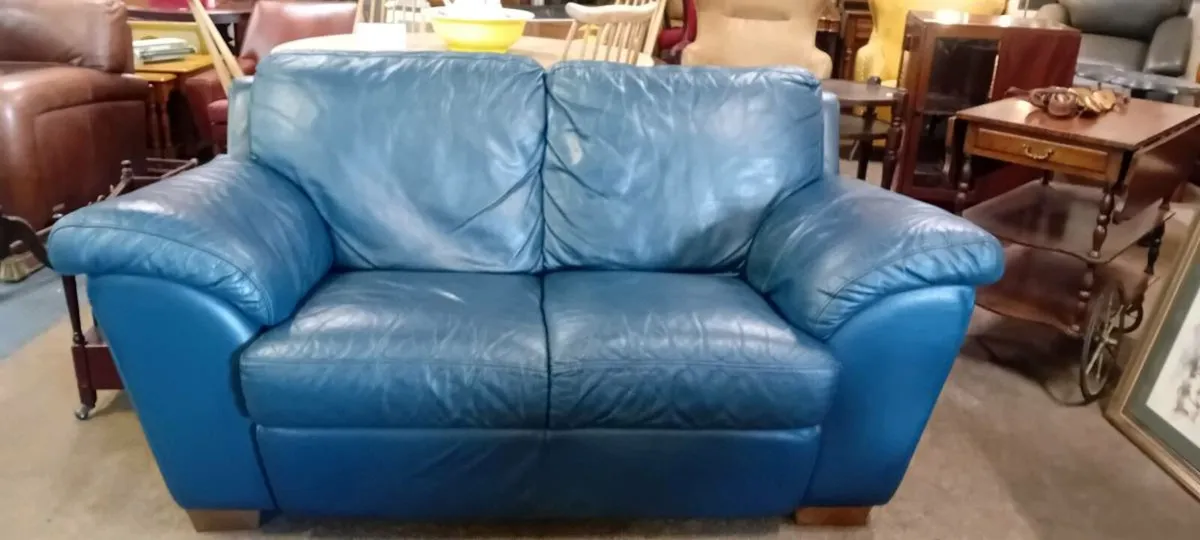 Navy Real Leather Two Seat Sofa - Image 1