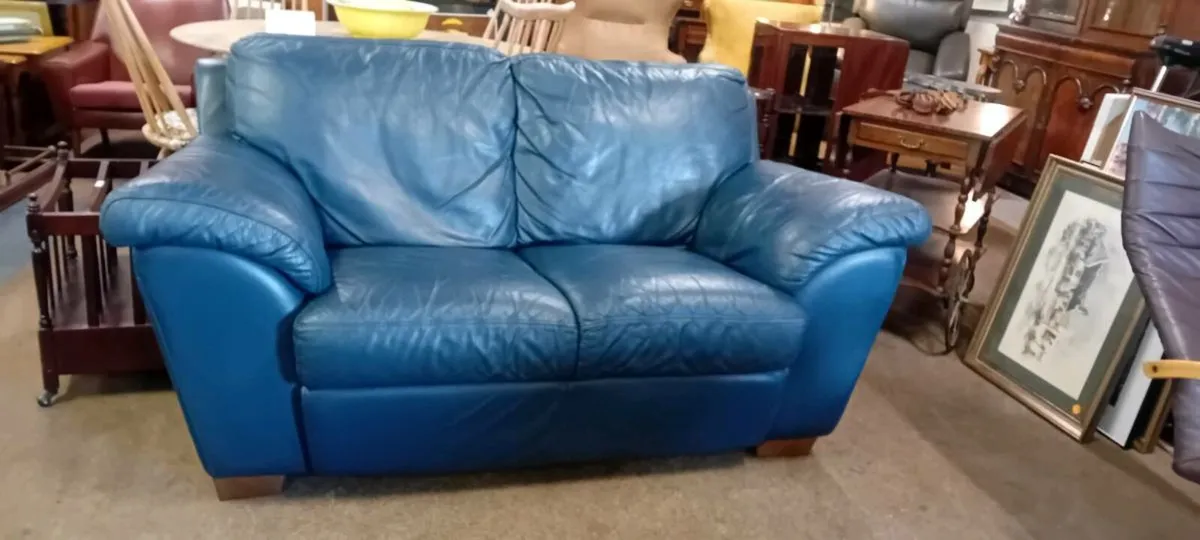 Navy Real Leather Two Seat Sofa - Image 2