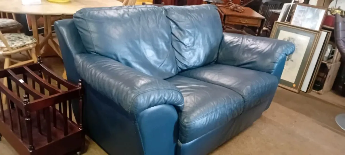 Navy Real Leather Two Seat Sofa - Image 3