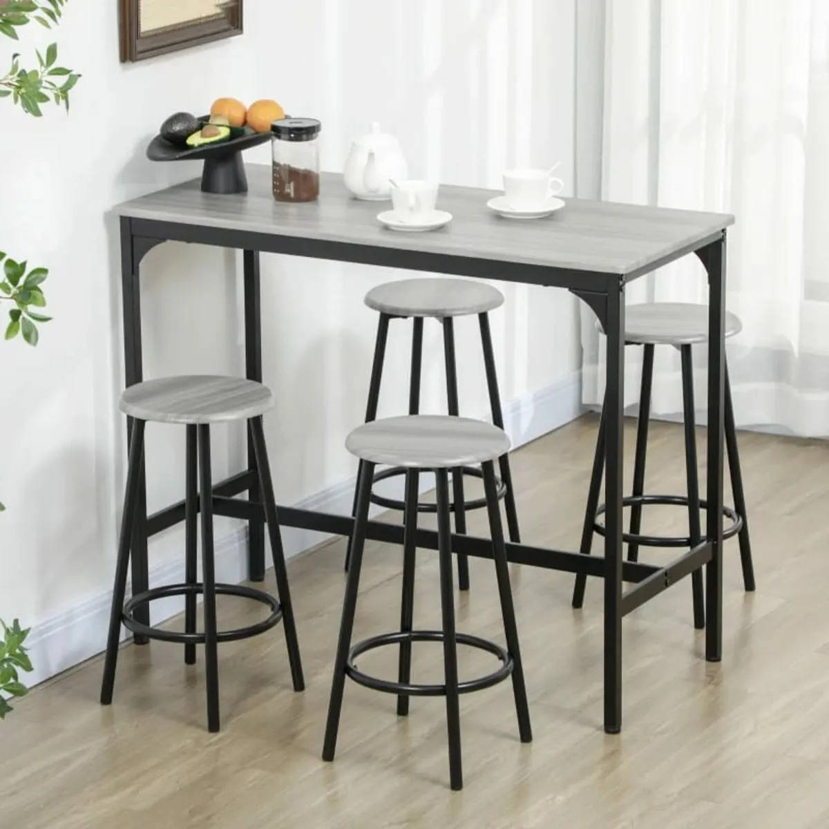 Five-Piece Industrial-Style Bar Table Set - Grey/B - Image 1
