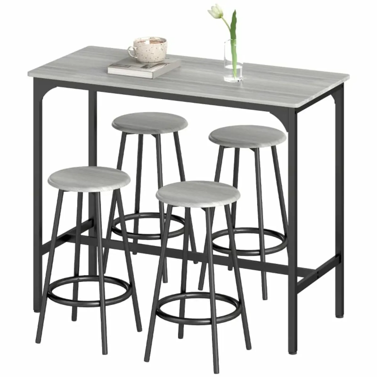 Five-Piece Industrial-Style Bar Table Set - Grey/B - Image 2