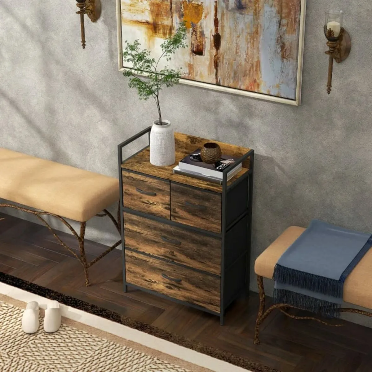 Rustic Chest of Four Fabric Drawers - Rustic Brown - Image 3