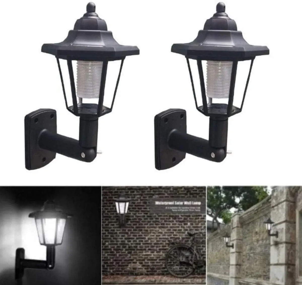 2 x Black Traditional Lantern Solar Wall Lights - Image 1