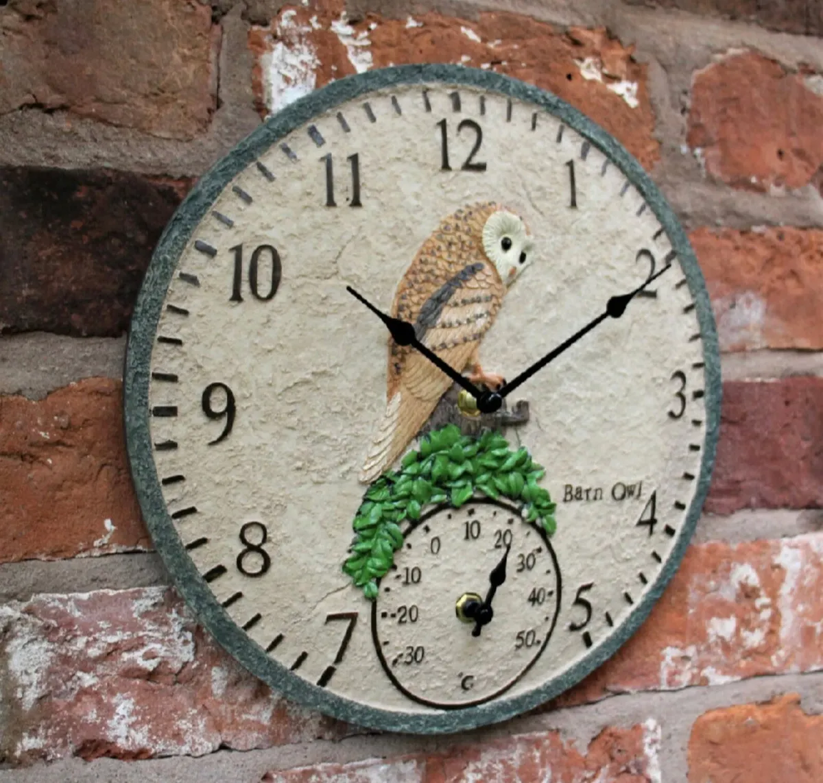 NEW Outdoor Garden Wall Thermometer Clock Owl 12” - Image 1