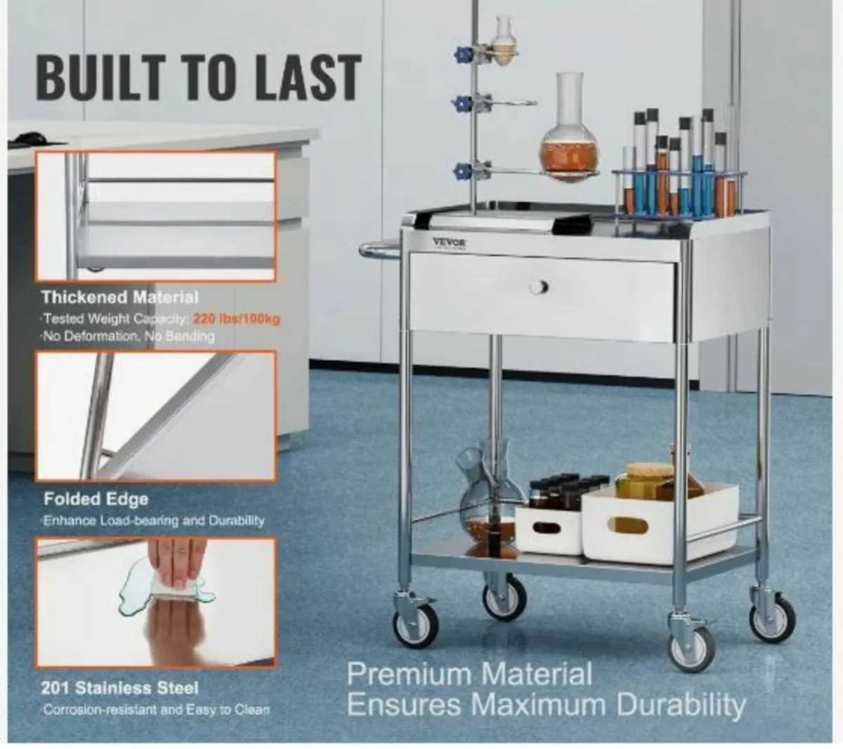 Medical Cart, 2 Layers Stainless Steel Cart - Image 3
