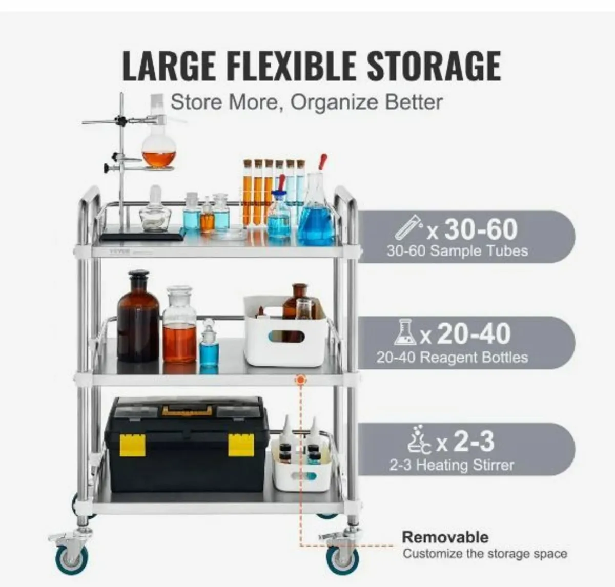 Lab Rolling Cart, 3-Shelf Stainless Steel - Image 2